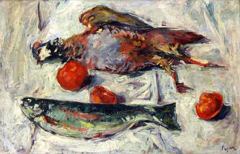 Still life of fish, partridge and fruit