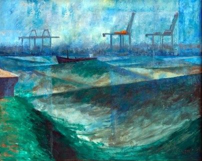 Felixstowe Docks from Shotley. High Water, Full S.W. Gale